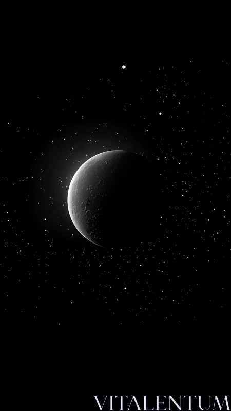 Crescent planet in sparse starfield on dark background.