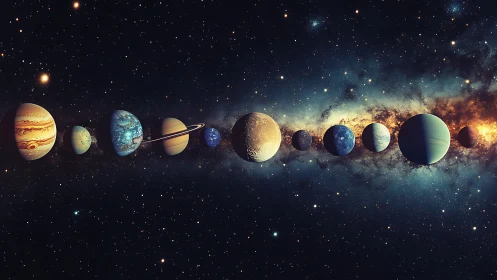 Planet parade drifting through a star-sprinkled galaxy.