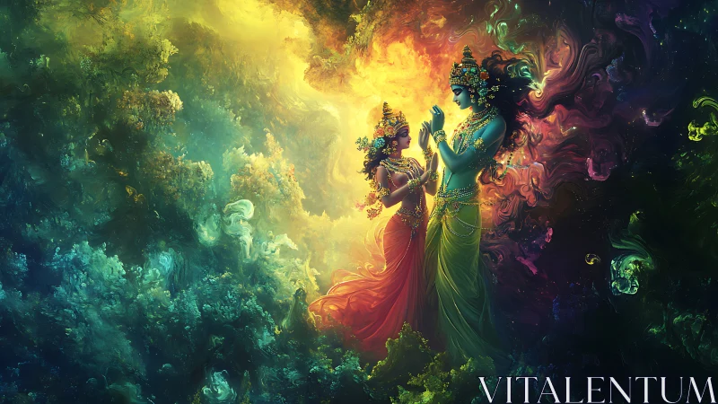 Celestial lovers drift through swirling cosmic auroras.