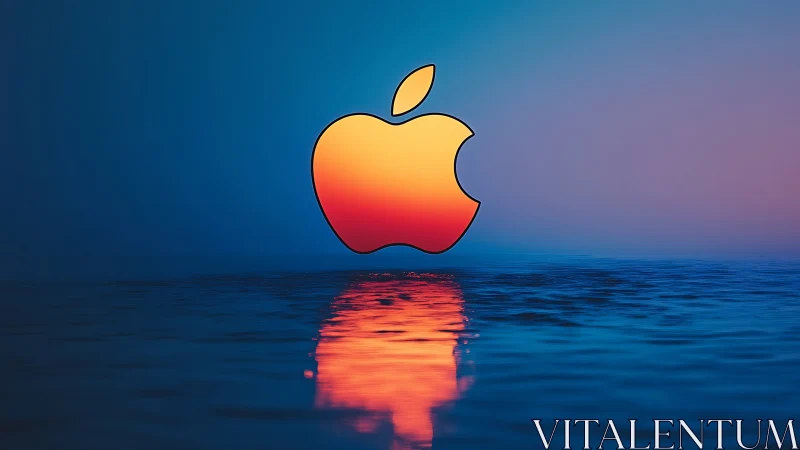 Sunset apple emblem drifting over neon twilight water.