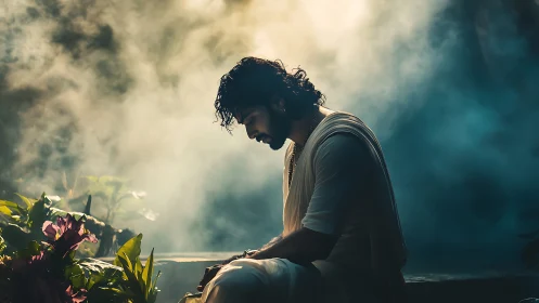 Solitary man in misty garden contemplates in golden light