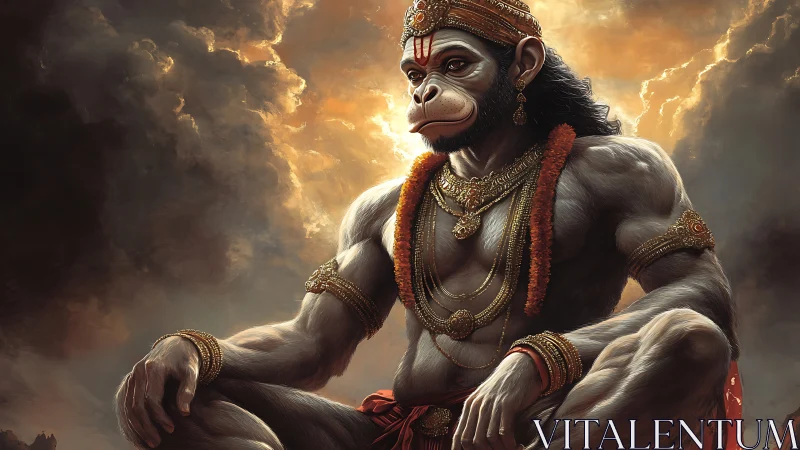 Divine simian warrior in ornate regalia under stormlit sky