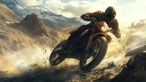 Off-road motorcycle on rocky mountain trail at high speed.