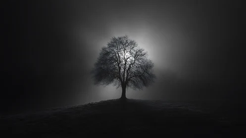 Solitary hilltop tree silhouetted by radiant backlight.