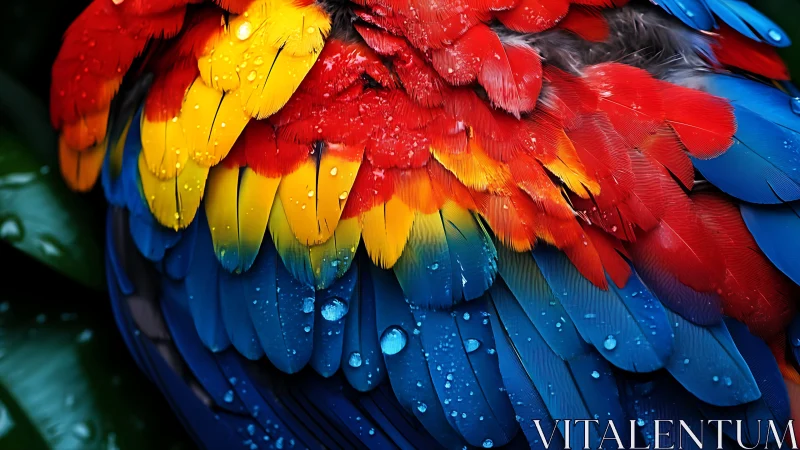 Vivid Close-Up of Macaw Feathers with Water Droplets, Nature Style.
