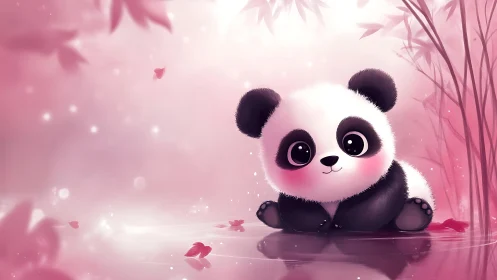 Cartoon panda sits beside reflective water in pink light