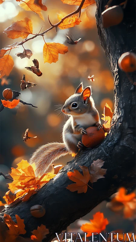 Young squirrel grips nut on autumn branch in warm light