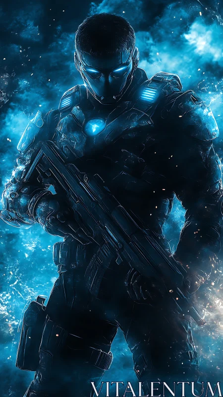 Futuristic armored soldier glows in electric blue starlight