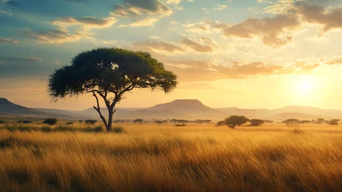 Solitary acacia under radiant savanna sunset glow.