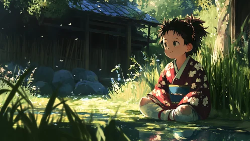 Anime child in floral kimono by sunlit pond, rustic house