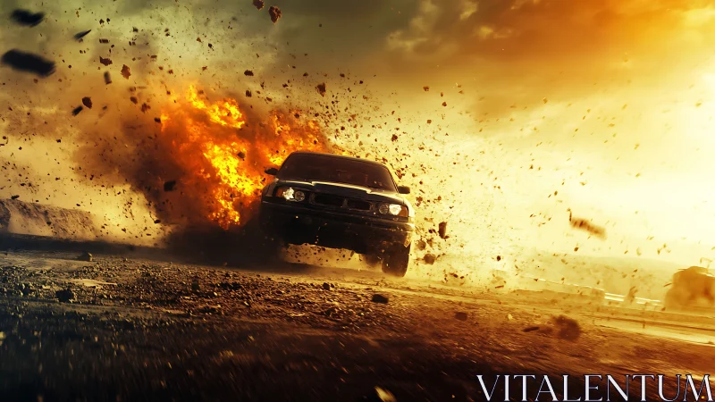 High-speed muscle car erupts from roadside blast with dynamic debris