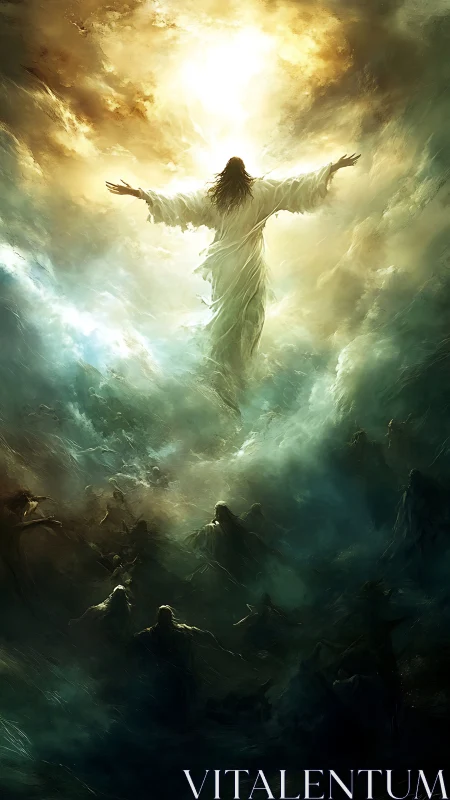 Robe-clad central figure ascending through luminous clouds.