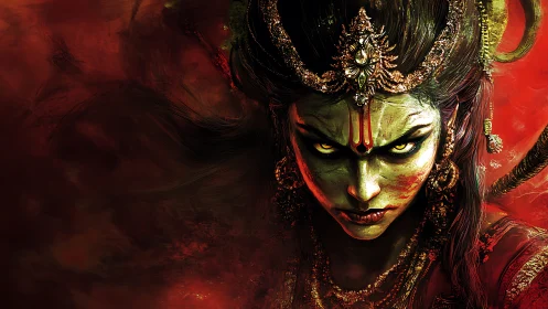 Fierce goddess avatar blazing through molten crimson storm.