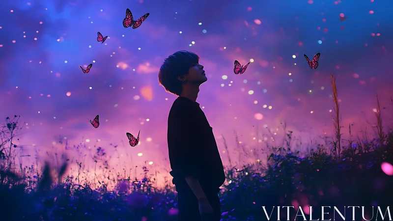 Twilight dreamer among glowing butterflies and neon dusk sky.