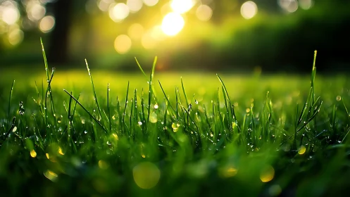 Close view of wet grass blades under low morning sunlight.
