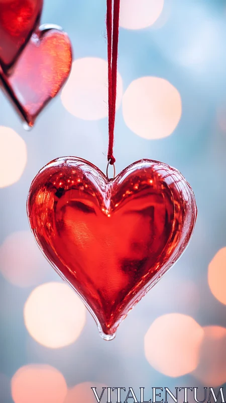 Red glass heart ornament suspended against blurred bokeh background