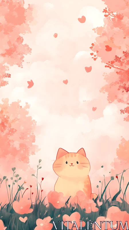 Whimsical Cat Dreams Among Floating Hearts and Blooms