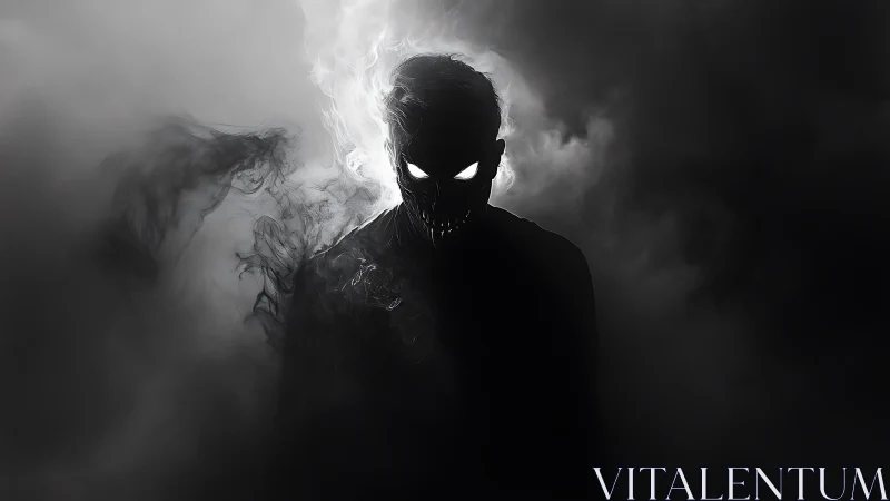 Dark humanoid figure with glowing eyes in swirling smoke.