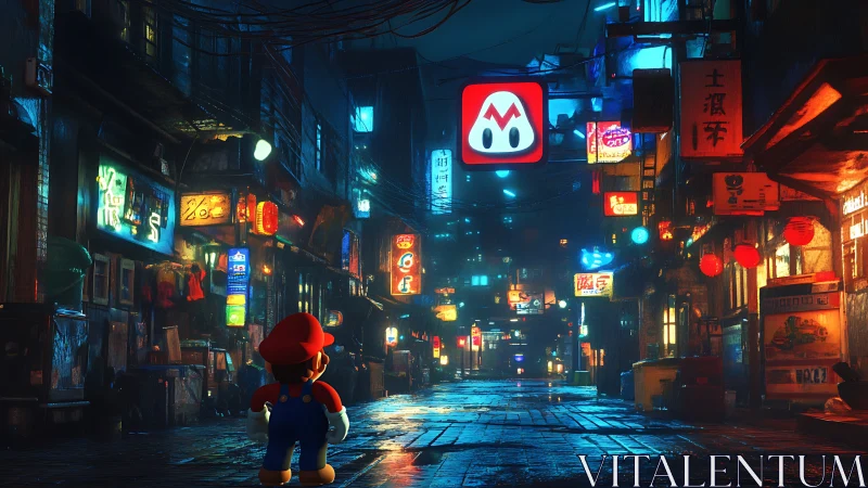 Mario figure in illuminated urban alley with neon signage.