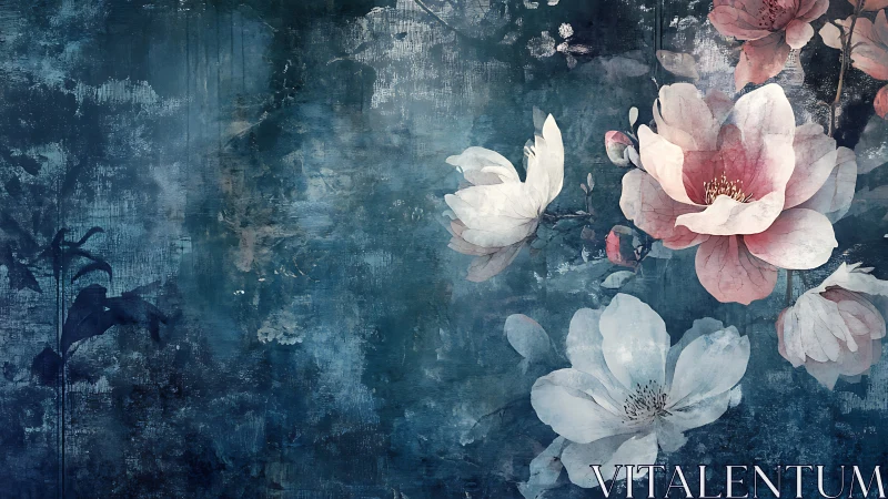 Textured teal ground with pale magnolia blossoms in bloom