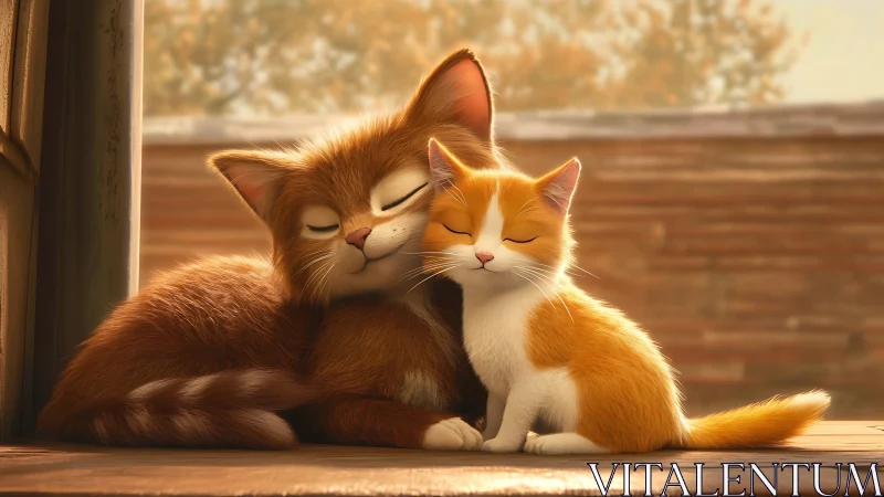 Orange Tabby and Ginger Kitten Nuzzle in Warm Sunlight.