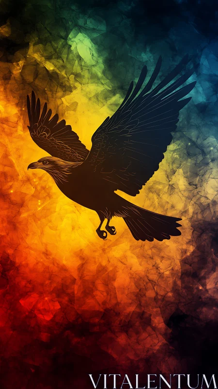 Silhouetted fire-winged eagle carves light through prismatic sky
