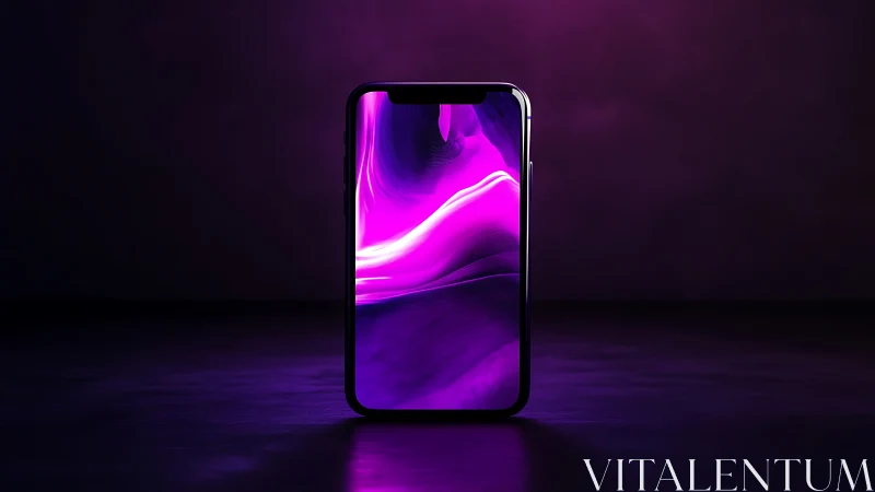 Smartphone stands upright with vivid purple abstract display