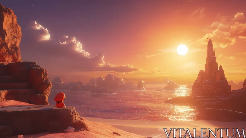 Small red traveler studies a glowing sea castle at sunset