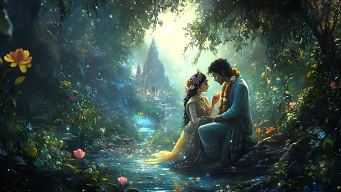 Enchanted Garden Romance: Two Souls Beneath Luminous Spires.