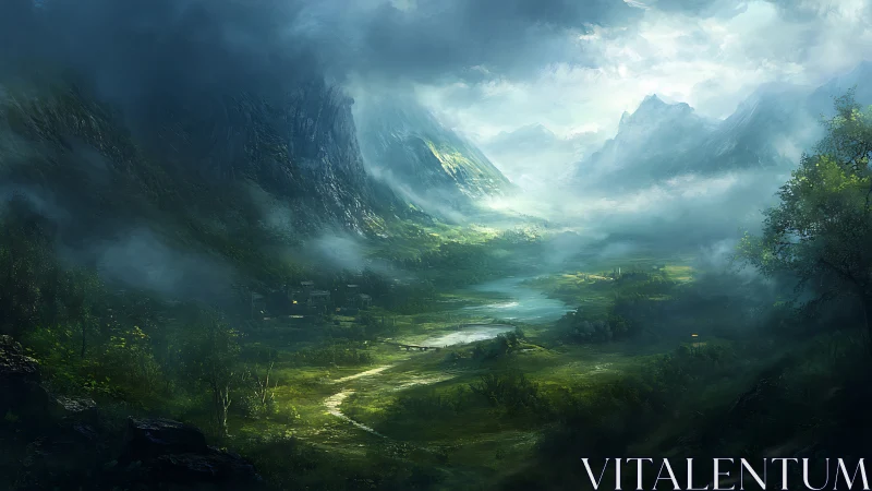 Sunlit misty valley with river corridor and dramatic peaks