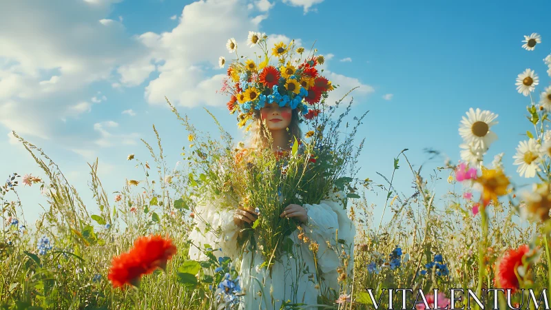 Woman stands in wildflower meadow wearing large floral crown