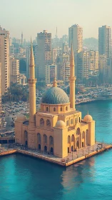 Photorealistic coastal mosque against dense urban skyline.