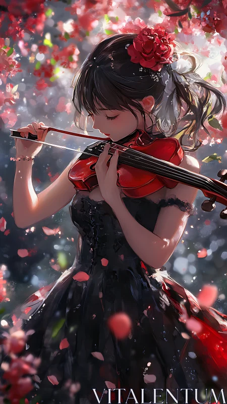 Violinist in black dress under luminous falling petals.
