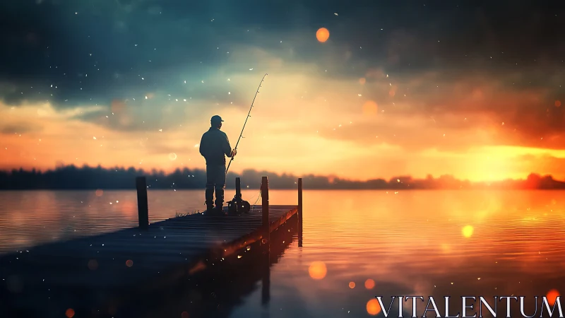 Lone fisherman stands on wooden dock at vivid sunset sky.