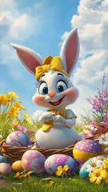 Sunny springtime bunny cuddled in a nest of pastel eggs.