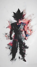 Energetic anime warrior in splattered red and black aura.