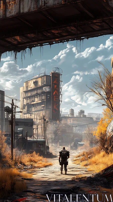 Post-apocalyptic industrial corridor with lone armored wanderer.