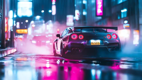 Midnight street racer glowing in neon city rain.