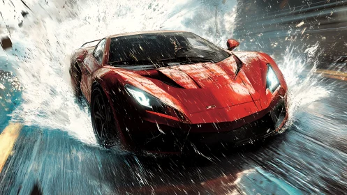 Roaring red supercar slices through rain with thrilling power