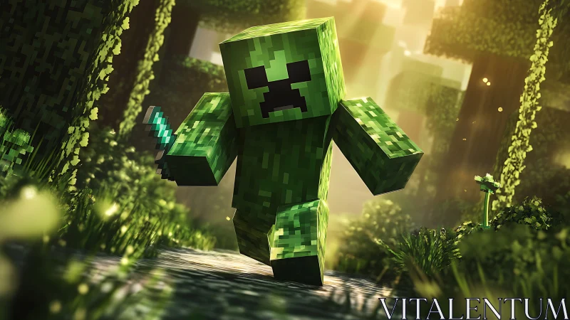 Voxel creeper sprinting through luminous forest corridor.