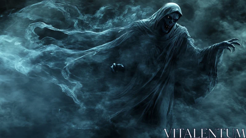 Spectral wraith entity emerging through turbulent cyan fog veil