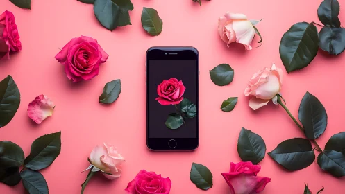 Smartphone flat lay with vivid roses on coral backdrop.
