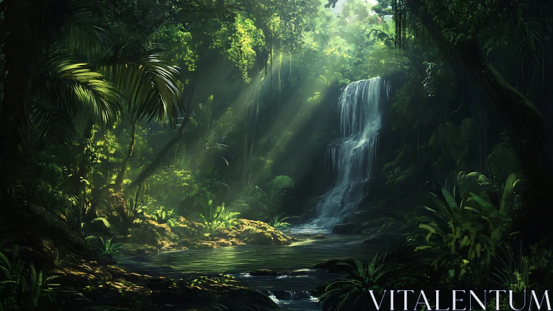 Tropical Waterfall Cascading Through Luminescent Forest Canopy