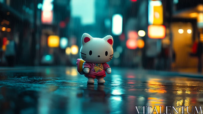 Charming toy cat explores rainy neon city streets alone