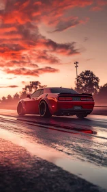 Muscle car silhouette on wet asphalt under blazing sunset sky.