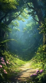 Forest pathway with canopy tunnel and flowering vegetation