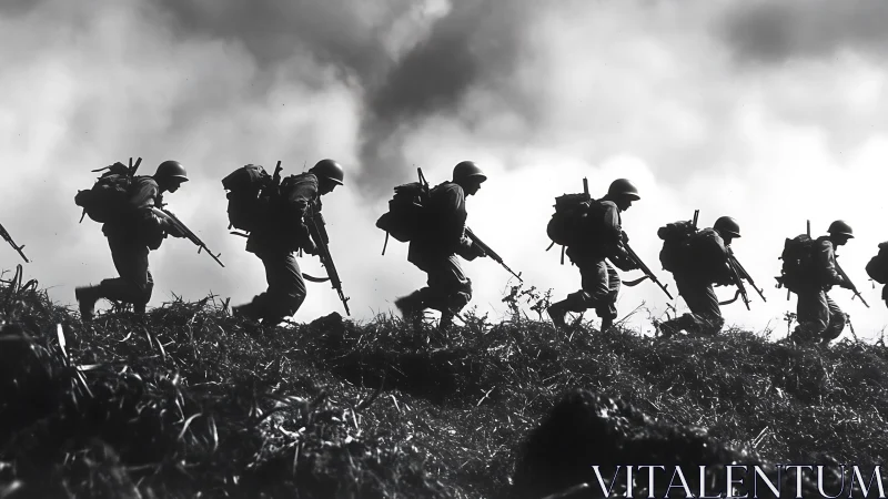 Silhouetted infantry column advancing along ridge under clouded sky