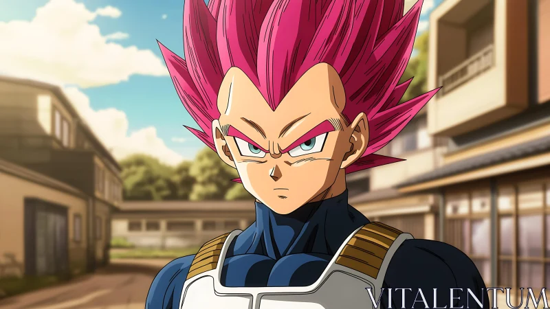 Cel-shaded warrior with magenta spiked hair in urban courtyard