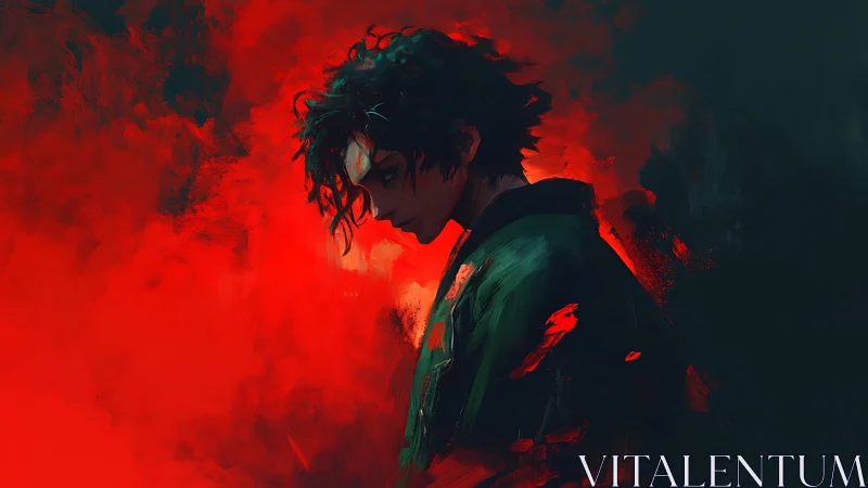 Brooding young man in red and dark abstract smoke.