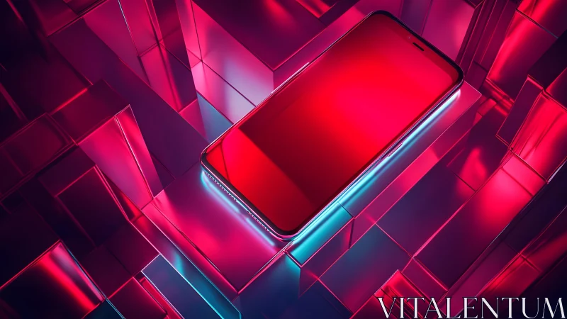 Futuristic Smartphone on Neon Geometric Blocks, Digital Art Style.